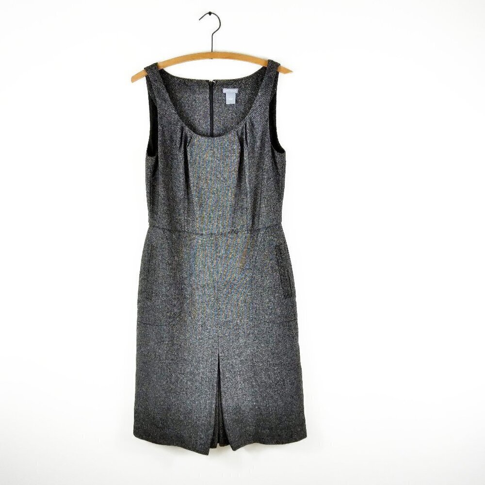 Wool Silk Blend Grey Midi Smock Dress With Herringbone on Pleats  & Pockets Sz6